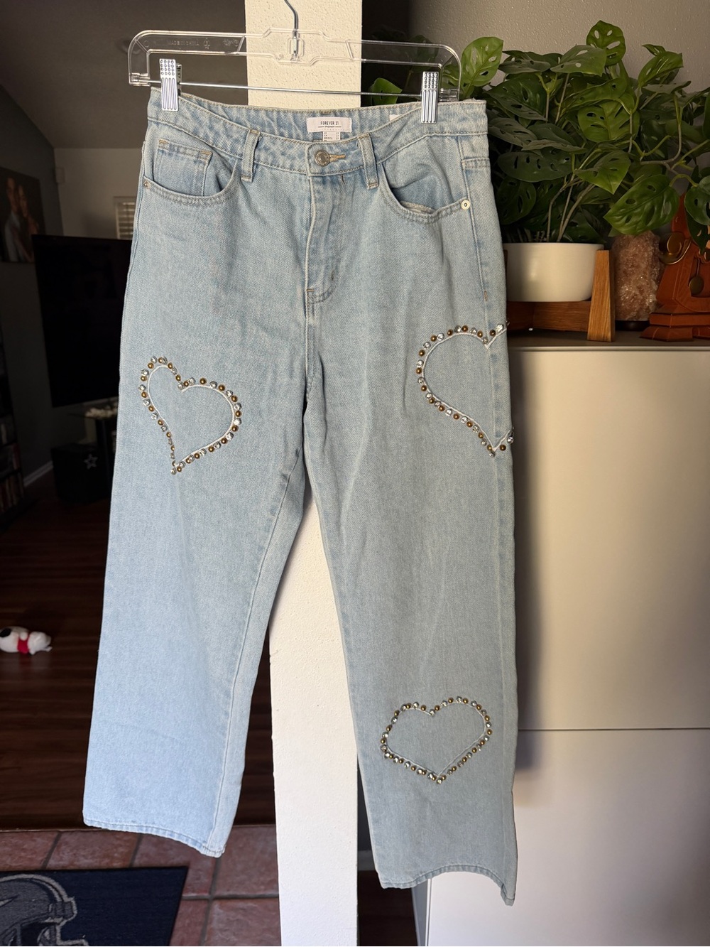 Forever 21 Light Blue Straight Leg Jeans with Heart Studs